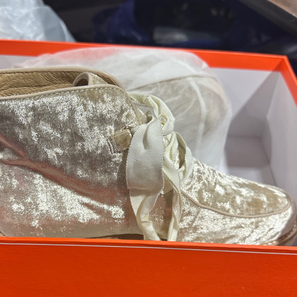 Bill Blass Cream Velvet Lace Up Boots